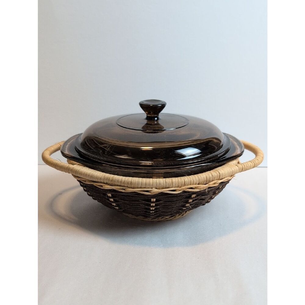 Vintage Pyrex Visions Amber Glass Covered Casserole with Woven Basket Carrier
